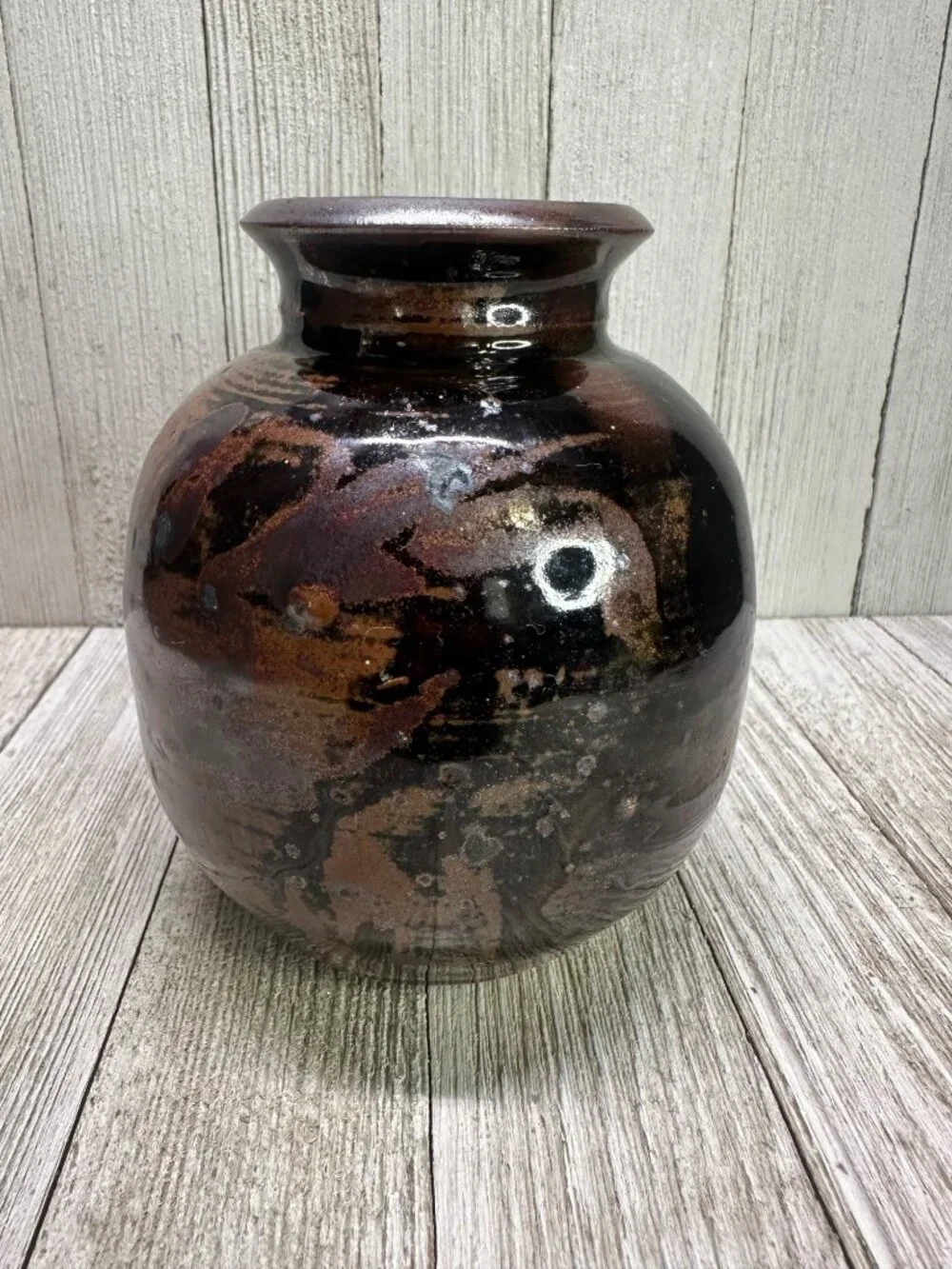 Vtg 4.5 inch Vase Stoneware Pottery Ceramic Dark Brown Galaxy Glaze MCM
